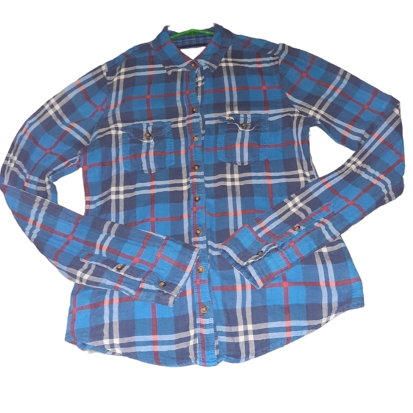 Abercrombie & Fitch Flannel Plaid Shirt Size Small Moose Logo Long Sleeve Blue - Picture 4 of 9